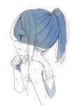  1girl bangs bare_arms bare_shoulders blush camisole commentary_request eyebrows_visible_through_hair from_side hand_up high_ponytail hot long_hair looking_away meito_(maze) monochrome original parted_lips ponytail profile simple_background solo sweat white_background 
