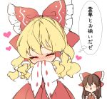  2girls :d bangs blonde_hair blush bow brown_hair chibi closed_eyes commentary_request cosplay covered_mouth detached_sleeves facing_viewer hair_between_eyes hair_bow hair_tubes hakurei_reimu hakurei_reimu_(cosplay) hands_in_opposite_sleeves heart kirisame_marisa long_hair matching_outfit multiple_girls no_eyes nontraditional_miko open_mouth piyokichi red_bow red_skirt ribbon ribbon-trimmed_sleeves ribbon_trim shide sidelocks simple_background sketch skirt smile solo_focus thought_bubble touhou translation_request white_background 