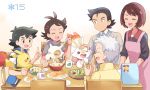  2girls 3boys :d apron baseball_cap black_hair black_sweater blue_jacket blue_shorts blush bone bowl bread brown_hair bulbasaur chair character_print closed_eyes collared_shirt creature cubone cup dark_skin dark_skinned_male dinner episode_number family father_and_son food gen_1_pokemon gen_8_pokemon gengar gou_(pokemon) grandmother_and_grandson grey_hair grey_shirt grey_sweater happy hat hat_removed headwear_removed holding holding_bone holding_spoon husband_and_wife ikuo_(pokemon) index_finger_raised jacket kurune_(pokemon) looking_at_another mei_(maysroom) mother_and_son mug multiple_boys multiple_girls number old_woman on_chair on_lap one_eye_closed open_mouth petting pikachu pink_apron plate pokemon pokemon_(anime) pokemon_(creature) pokemon_on_lap pokemon_swsh_(anime) rabbit red_headwear salad satoshi_(pokemon) scorbunny shirt short_hair shorts sitting sitting_on_lap sitting_on_person smile soup spoon standing starter_pokemon staryu sweater table themed_object tome_(pokemon) upper_teeth white_shirt wrinkles yellow_sweater |d 