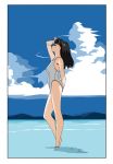  1girl bare_legs black_hair blue_sky breasts closed_eyes closed_mouth clouds cloudy_sky day edoya_inuhachi from_side grey_swimsuit hand_on_forehead hand_on_own_head highres long_hair medium_breasts ocean one-piece_swimsuit original outdoors profile sky solo straight_hair swimsuit thighs wading 