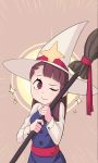  1girl absurdres brown_hair hat highres kagari_atsuko little_witch_academia one_eye_closed red_eyes smile subudraws witch witch_hat 