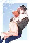  1boy 1girl black_hair black_sweater blue_background blue_pants blush book brown_hair gradient gradient_background hetero highres holding holding_book hug long_sleeves love_and_producer open_book pants pink_skirt rong_nage_rong shirt sitting skirt snowflakes sweater white_legwear white_shirt white_sweater 