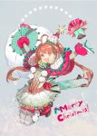  1girl :d \o/ ahoge alternate_costume arms_up bell bow brown_hair christmas eiyuu_densetsu estelle_bright fur_trim gift gloves hair_intakes hat highres holding jumping long_hair looking_at_viewer merry_christmas nishihara_isao open_mouth outstretched_arms red_eyes ribbon sack see-through smile solo sora_no_kiseki tassel twintails 