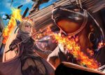  1girl blazing_bull blonde_hair blue_sky bow breasts bull clouds cloudy_sky commentary cosplay cowboy_shot dark_skin day fire hair_bow hakama highres holding holding_sword holding_weapon hololive japanese_clothes katana long_hair mechanical_arm medium_breasts multicolored_hair orange_robe outdoors parody pointy_ears ponytail pyytato red_eyes rope scarf sekiro sekiro:_shadows_die_twice sekiro_(cosplay) shiranui_flare sky streaked_hair sword two-tone_hair virtual_youtuber weapon white_hair white_scarf wood 