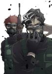 2boys arm_up bangs black_gloves black_hair black_shirt brown_hair citrine_11 collar collared_shirt commentary_request facing_viewer gas_mask gloves green_vest grey_eyes gun highres holding holding_gun holding_mask holding_weapon long_sleeves looking_at_viewer lucas_(yakusoku_no_neverland) male_focus mask military military_uniform multicolored_hair multiple_boys pouch scar scar_across_eye shaded_face shirt short_hair simple_background single_glove streaked_hair uniform upper_body vest weapon white_background white_hair yakusoku_no_neverland yellow_eyes yuugo_(yakusoku_no_neverland) 
