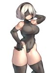  1girl arm_behind_head black_blindfold black_hairband black_legwear black_leotard blindfold breasts covered_eyes covered_navel elbow_gloves embarrassed frown gloves hairband highleg highleg_leotard highres kelvin_hiu large_breasts leotard nier_(series) nier_automata short_hair silver_hair skindentation solo standing thick_thighs thigh-highs thighs turtleneck_leotard white_background yorha_no._2_type_b 
