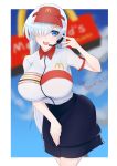  1girl anastasia_(fate/grand_order) bangs black_skirt blue_sky blurry blurry_background blush breasts employee_uniform fate/grand_order fate_(series) hair_over_one_eye headset highres large_breasts long_hair looking_at_viewer mcdonald&#039;s open_mouth red_headwear sawatarou_(roto) shirt short_sleeves silver_hair skirt sky smile thighs uniform very_long_hair visor_cap white_shirt 