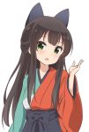  black_bow black_hakama blush bow breasts green_eyes hair_bow hair_ornament hakama half_updo hand_up japanese_clothes kimono medium_breasts multicolored multicolored_clothes multicolored_kimono open_mouth simple_background suisei_aaru tatsumi_kon urara_meirochou 