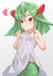  1girl absurdres bare_arms bare_shoulders blush closed_mouth cowboy_shot dress gen_3_pokemon green_hair green_legwear grey_background hair_ornament heart heart-shaped_pupils highres kirlia long_hair pantyhose personification piliheros2000 pokemon red_eyes simple_background solo symbol-shaped_pupils thick_eyebrows white_dress 