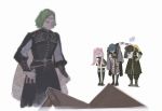  2boys 2girls alzi_xiaomi arm_sling bangs black_cloak black_dress black_footwear black_legwear black_skirt blue_hair blurry boots bowing braid broken brown_hair byleth_(fire_emblem) byleth_eisner_(male) cape circlet claude_von_riegan cloak commentary depth_of_field dress faceless fire_emblem fire_emblem:_three_houses forced_bowing full_body garreg_mach_monastery_uniform green_hair hilda_valentine_goneril injury knee_pads long_hair multiple_boys multiple_girls pantyhose parted_bangs pink_hair seteth_(fire_emblem) short_hair side_braid signature simple_background skirt standing table thigh-highs thigh_boots thighhighs_under_boots twintails white_background yellow_cape yellow_capelet zettai_ryouiki 