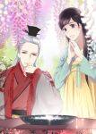  1boy 1girl :d black_hair black_headwear brown_eyes flower hair_ornament hair_stick hanbok hands_together hands_up korean_clothes long_sleeves looking_at_viewer nayuta/iho open_mouth original red_eyes silver_hair sitting smile wide_sleeves 