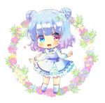  1girl :d blue_dress blue_eyes blue_flower blue_footwear blue_hair blush chibi commentary_request commission double_bun dress floral_background flower frilled_dress frills full_body gradient_hair hair_flower hair_ornament heterochromia kouu_hiyoyo long_sleeves looking_at_viewer lowres multicolored_hair open_mouth original pink_flower puffy_long_sleeves puffy_sleeves purple_hair red_eyes smile socks solo standing white_background white_flower white_legwear yellow_flower 