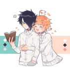  1boy 1girl ahoge black_eyes black_hair blush book closed_eyes closed_mouth collar collared_shirt commentary_request emma_(yakusoku_no_neverland) emnoray eyebrows_visible_through_hair facing_viewer hair_between_eyes hair_over_one_eye hand_in_pocket heart highres holding holding_book hug hug_from_behind long_sleeves looking_at_another neck_tattoo number_tattoo open_book open_mouth orange_hair pants ray_(yakusoku_no_neverland) shirt short_hair simple_background skirt smile standing tattoo upper_body white_legwear white_pants white_shirt white_skirt yakusoku_no_neverland 