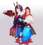  1girl ankle_ribbon ass bangs bare_shoulders barefoot_sandals blush bob_cut breasts eyeliner fate/grand_order fate_(series) feet food fruit fruit_bowl gourd gradient gradient_background grapes grey_background headpiece horns japanese_clothes kimono lantern legs long_sleeves looking_at_viewer looking_back makeup obi off_shoulder oni oni_horns paper_lantern parted_lips peach purple_hair purple_kimono red_ribbon revealing_clothes ribbon sash short_eyebrows short_hair short_kimono shuten_douji_(fate/grand_order) skin-covered_horns small_breasts smile soles violet_eyes wide_sleeves yaku_(ziroken) 