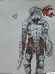  absurdres alterrecs armor armored_boots belt blade boots breastplate gloves goblin_slayer goblin_slayer! graphite_(medium) greaves highres holding holding_sword holding_weapon looking_to_the_side shield sword traditional_media weapon 