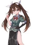  1girl aki_inu brown_hair commentary_request contrapposto elbow_gloves feet_out_of_frame gloves hair_between_eyes hair_ribbon hand_on_hip kantai_collection long_hair pelvic_curtain red_neckwear remodel_(kantai_collection) ribbon side_slit simple_background single_elbow_glove solo standing tone_(kantai_collection) twintails white_background white_ribbon 