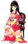  1990s_(style) 1996 1girl black_hair brown_eyes copyright dated expressionless full_body hands_together headdress highres japanese_clothes kimono long_hair long_sleeves looking_at_viewer obi on_chair pc_engine_fan red_lips sandals sash simple_background sitting solo tabi takada_akemi v_arms wave_print white_background 
