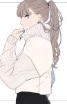  1girl absurdres bangs blue_earrings blue_nails brown_hair earrings grey_eyes highres jewelry kko_(um7mr) long_hair long_sleeves looking_at_viewer original ponytail simple_background solo sweater turtleneck turtleneck_sweater upper_body white_background white_sweater 