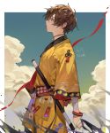  1boy absurdres bandaged_arm bandages bangs belt black_choker bracelet brown_hair choker chyoel clouds green_eyes hair_between_eyes highres japanese_clothes jewelry looking_to_the_side male_focus obi original outdoors profile sash signature sky solo staff wind_chime 