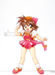  1girl animal_ears bow brown_hair cat_ears cat_tail chip-chan_kick! chip_(chip-chan_kick!) clenched_hand copyright copyright_name dress full_body hair_over_shoulder highres hirohiko_yanagi long_hair looking_at_viewer official_art open_mouth orange_eyes pink_footwear puffy_sleeves short_dress short_sleeves simple_background solo standing tail tail_bow white_background 