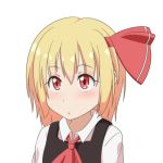  1girl :o anime_coloring ascot blonde_hair blush commentary hair_ribbon portrait red_eyes ribbon rumia short_hair simple_background solo touhou white_background 
