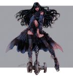  1girl bangs bare_shoulders black_dress black_hair black_legwear detached_sleeves dress final_fantasy final_fantasy_xiv full_body gaia_(ff14) gothic halter_dress legs_apart lips long_hair red_lips setsu-st simple_background solo standing thigh-highs twitter_username two-tone_background weapon 