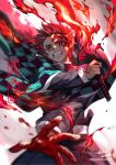  1boy blood checkered_jacket ein_lee facial_scar fire flame flaming_sword flaming_weapon forehead_scar hanafuda haori holding holding_sword holding_weapon japanese_clothes kamado_tanjirou kimetsu_no_yaiba scar solo sword unsheathed weapon 