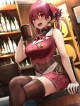  1girl ascot bangs bare_shoulders barrel blush bodystocking breasts brooch covered_navel crossed_legs heterochromia highres hololive houshou_marine jewelry large_breasts long_hair looking_at_viewer oekakizuki open_mouth red_skirt sitting skirt smile thighs virtual_youtuber 