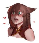  1girl animal_ears bare_shoulders blush brown_hair eyebrows_visible_through_hair eyes_visible_through_hair fangs green_eyes hair_between_eyes heart less long_hair looking_up open_mouth original portrait shadow solo sweat white_background 