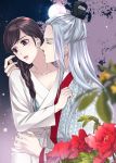  1boy 1girl blurry_foreground braid brown_eyes brown_hair flower hand_up imminent_kiss long_hair moon nayuta/iho night original outdoors parted_lips red_flower silver_hair 