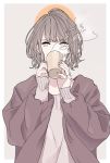  1girl brown_hair brown_jacket cup drinking grey_background grey_eyes grey_sweater hands_up highres holding holding_cup jacket jewelry kko_(um7mr) long_sleeves looking_at_viewer original ring short_hair simple_background solo steam sweater 