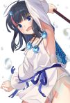  1girl arm_up armpits bangs bare_shoulders black_hair blue_eyes blue_ribbon blush breasts collarbone dress fate/grand_order fate/requiem fate_(series) fundoshi japanese_clothes jewelry long_sleeves looking_at_viewer magatama magatama_hair_ornament medium_breasts medium_hair multicolored_hair necklace open_mouth panda_inu pelvic_curtain pink_hair polearm puffy_long_sleeves puffy_sleeves ribbon short_dress sideboob sideless_outfit spear streaked_hair utsumi_erise water_drop weapon white_background white_dress 