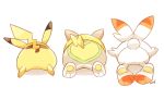  bunny_tail from_behind gen_1_pokemon gen_8_pokemon lightning_bolt_tail looking_away mei_(maysroom) pikachu pokemon pokemon_(anime) pokemon_(creature) pokemon_swsh_(anime) scorbunny series_connection tagme tail trait_connection white_background yamper 