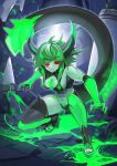  1girl abs baniran_dorosu commentary_request fingernails green_hair green_skin highres horns monster_energy navel original parted_lips personification red_eyes revealing_clothes rubble sharp_fingernails short_hair squatting tail thigh-highs 