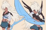  1girl cosplay dark_skin drizzwryyy granblue_fantasy kamui_(kill_la_kill) kill_la_kill long_hair matoi_ryuuko matoi_ryuuko_(cosplay) red_eyes school_uniform scissor_blade seiyuu_connection suspenders white_hair zooey_(granblue_fantasy) 