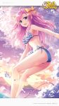  1girl :d ahoge an2a ass bangs barefoot bikini blue_bikini blue_eyes blurry breasts chris_(sid_story) clouds cloudy_sky copyright_name hair_ornament highres long_hair looking_at_viewer md5_mismatch medium_breasts mountain ocean official_art open_mouth outdoors pink_hair resolution_mismatch shiny shiny_skin sid_story sidelocks sky smile solo source_larger string_bikini sunset surfboard surfing swimsuit thighs twintails water waves 