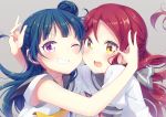  2girls absurdres aizaki_(aizkaizk) bangs blue_hair blunt_bangs blush cheek-to-cheek commentary_request eyebrows_visible_through_hair grey_background grey_sailor_collar grin hair_bun highres long_hair looking_at_viewer love_live! love_live!_sunshine!! multiple_girls one_eye_closed open_mouth redhead sailor_collar sakurauchi_riko school_uniform serafuku shiny shiny_hair short_sleeves side_bun simple_background smile sweatdrop tsushima_yoshiko upper_body violet_eyes yellow_eyes yellow_neckwear 