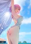  1girl absurdres armpits arms_up ass bangs blue_sky blurry blurry_background breasts clouds cloudy_sky competition_swimsuit day eyebrows_visible_through_hair fate/grand_order fate_(series) from_behind hair_over_one_eye highleg highleg_swimsuit highres holding looking_at_viewer looking_back mash_kyrielight medium_breasts one-piece_swimsuit open_mouth outdoors pink_hair see-through_silhouette shiny shiny_hair short_hair simple_background sky solar_(happymonk) solo sparkle standing swimsuit thighs translucent violet_eyes 