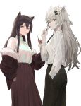  2girls alternate_costume animal_ears arknights ass belt black_hair black_nails black_neckwear black_pants breasts brown_jacket brown_skirt casual closed_mouth collared_shirt commentary cowboy_shot day dress_shirt earrings eating food from_side fur-trimmed_jacket fur_trim hair_between_eyes hair_ornament hairclip hand_in_pocket highres jacket jewelry koio lappland_(arknights) long_hair long_skirt long_sleeves looking_at_viewer medium_breasts messy_hair mouth_hold multiple_girls nail_polish off_shoulder pants pleated_skirt pocky profile shirt sidelocks silver_hair simple_background skirt smile straight_hair texas_(arknights) white_background white_shirt wolf_ears yellow_eyes 