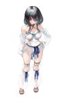  1girl absurdres bangs bare_shoulders black_hair blue_eyes blue_ribbon blush breasts closed_mouth collarbone detached_leggings dress egk513 fate/grand_order fate/requiem fate_(series) full_body fundoshi hand_on_hip highres japanese_clothes jewelry large_breasts legs long_sleeves looking_at_viewer magatama magatama_hair_ornament medium_hair multicolored_hair necklace pelvic_curtain pink_hair puffy_long_sleeves puffy_sleeves ribbon sandals short_dress sideboob sideless_outfit simple_background streaked_hair utsumi_erise white_background white_dress white_legwear 