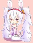  1girl absurdres animal_ears azur_lane bangs between_legs camisole chibi closed_mouth collarbone commentary_request eyebrows_visible_through_hair fake_animal_ears full_body hair_between_eyes hair_ornament hairband hand_between_legs highres jacket laffey_(azur_lane) long_hair long_sleeves looking_at_viewer off-shoulder_jacket open_clothes open_jacket outline pink_background pink_jacket pleated_skirt poppypilf rabbit_ears red_hairband red_skirt shadow sidelocks simple_background single_bare_shoulder sitting skirt solo thigh-highs twintails very_long_hair violet_eyes wariza white_camisole white_hair white_legwear 