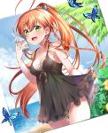  1girl ahoge bangs bare_arms beach black_camisole blurry blurry_background blush braid breasts bug butterfly camisole camisole_lift clouds cloudy_sky collarbone commentary_request cup disposable_cup drinking_straw eyebrows_visible_through_hair flower green_eyes hair_between_eyes hair_flower hair_ornament highres holding holding_cup insect long_hair looking_at_viewer mashiro_aa medium_breasts ocean open_mouth orange_hair original plant ponytail sidelocks single_braid sky solo tree water_drop 