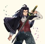  1boy beard black_hair cape cowboy_shot dunban facial_hair highres katana left-handed long_hair male_focus ryu_(17569823) shirt simple_background solo sword vest waistcoat weapon white_background white_shirt xenoblade_(series) xenoblade_1 