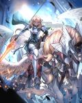  1girl armor blonde_hair cape fire_emblem fire_emblem:_three_houses fur_trim gloves green_cape green_eyes green_gloves holding ingrid_brandl_galatea paula_biedma pegasus pegasus_knight polearm riding short_hair solo twitter_username weapon 