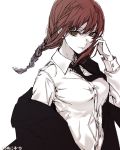  1girl adjusting_hair bangs black_neckwear braid breasts brown_hair business_suit chainsaw_man closed_mouth collared_shirt cowboy_shot dress_shirt eyebrows_visible_through_hair floating_hair formal hair_between_eyes hand_up jacket_on_shoulders kuronuko_neero large_breasts light_smile long_sleeves looking_at_viewer makima_(chainsaw_man) necktie ringed_eyes shirt simple_background smile solo suit upper_body white_background white_shirt wind yellow_eyes 