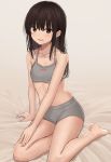  1girl arm_on_knee bangs bare_arms bare_legs bare_shoulders barefoot bed blush boyshort_panties brown_eyes brown_hair collarbone commentary_request eyebrows_behind_hair flat_chest grey_panties hair_between_eyes highres long_hair looking_at_viewer open_mouth original panties seiza sitting solo underwear underwear_only zuima 