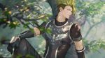  1boy achilles_(fate) arm_rest armor bangs black_pants breastplate collar darkavey detached_sleeves fate/apocrypha fate/grand_order fate_(series) gloves green_hair hair_over_eyes highres looking_at_another male_focus multicolored_hair pants shade short_sleeves sitting solo swept_bangs tree tree_branch tree_shade two-tone_hair vambraces yellow_eyes 