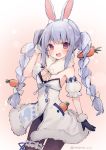  1girl :d animal_ear_fluff animal_ears arm_up bangs black_gloves black_leotard blue_hair blush bow braid brown_eyes brown_legwear carrot_hair_ornament commentary_request detached_sleeves dress eyebrows_behind_hair food_themed_hair_ornament fur-trimmed_dress fur-trimmed_gloves fur_trim gloves hair_bow hair_ornament hololive leotard long_hair looking_at_viewer multicolored_hair open_mouth pantyhose puffy_short_sleeves puffy_sleeves rabbit_ears short_eyebrows short_sleeves smile solo strapless strapless_dress strapless_leotard suzumori_uina thick_eyebrows twin_braids twintails twitter_username two-tone_hair upper_teeth usada_pekora very_long_hair virtual_youtuber white_bow white_dress white_hair white_sleeves 