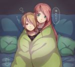  2girls ahoge bangs black_hoodie blanket blonde_hair blush brown_eyes bubble closed_mouth collarbone couch eyebrows_visible_through_hair green_eyes hair_between_eyes hood hoodie hug hug_from_behind jackie012 light_brown_hair long_hair looking_at_another multiple_girls one_eye_closed one_eye_covered open_mouth original pillow shared_blanket shiny shiny_hair short_hair sidelocks sitting swept_bangs translation_request under_covers wife_and_wife yuri 