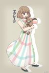  1girl adelaide_(doubutsu_no_mori) an777an beige_background blue_eyes blush brown_hair doubutsu_no_mori dress furry highres hug koala koala_ears open_mouth personification solo 